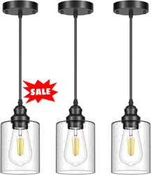 【Modern Style & Wide Application】The glass hanging pendant light with black finish and clear seeded glass shade,...