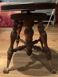 Antique Swivel Wood Piano Stool Claw Foot Glass Ball Feet Victorian Turned Legs.