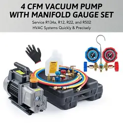 Our handy air conditioner repair tool set includes a 1/3 hp vacuum pump, a manifold gauge, 3 color-coded hoses, 2...