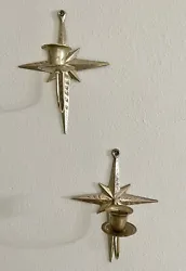 Vintage Mid Century Modern Brass Starburst Wall Sconces Candle Holders Pair Rare. These 1960s candle holders are wall...
