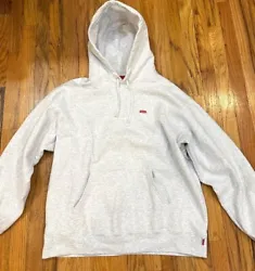 PRE-OWNED SUPREME SMALL BOX LOGO HOODED SWEATSHIRT. MENS SIZE LARGE. COLOR GREY. DECENT CONDITION SOME WEAR STAINS...