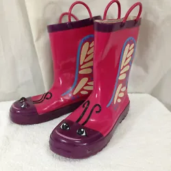These are a pair of colorful rain boots made by Wonder Chief. They have a butterfly on both of them.