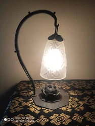 Equipée dune tulipe en verre pressé moulé. magnifique lampe col de cygne. dans le gout de Degué au motif floral de...