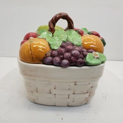 Square Fruit Basket Ceramic Cookie Jar. This attractive cookie jar is in excellent pre-loved condition with no chip or...