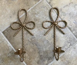Vintage Pair Home Interior Gold Metal Twisted Rope Bow Shaped Candle Holders Wall Sconces