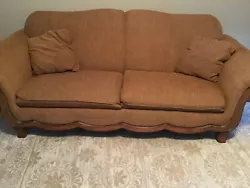 Schnadig sofa. Well maintained sofa with rolled arms and wood carved trim. Golden brown, pecan color fabric.  