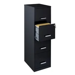 This file cabinet masterfully marries practicality with sleek and contemporary aesthetics. Draped in a black finish...
