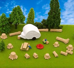 Teardrop RV Camper Scene - HO Scale Train Scenery. 1 White Teardrop Camper- Wheels do not move. 1 Picnic Table. Layer...