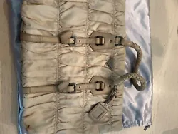 Vintage Prada Tessuto Hand Bag Shoulder Bag Purse Gray/Bone Nylon/Leather.