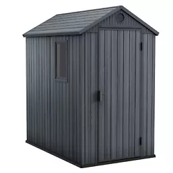 Outdoor 4 x 6-foot storage shed made with weather-resistant plastic prohibits rust and decay. Type Storage Shed. All...