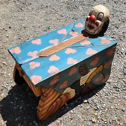 Incredible One of a kind Vintage Wooden Folk Art Clown Head Stool with Drawer.  Amazing color. Very nice shape.