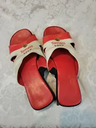 ICON Andy Warhol Campbells Tomato Soup Sandals Flip Flops Shoes Sz 7.5 Womens.