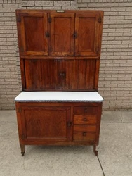 Circa 1910-1920 Antique Oak Hoosier Cabinet. The top section, the middle porcelain section, and the bottom section.