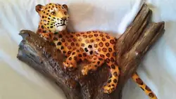 Beautiful Mid-Century-Modern Era Hand Painted Original Decorative Wall Sculpture Carving Plaque Cheetah Cat Leopard in...