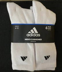 Adidas Cotton Crew Socks cushioned (6 Pack) White/Black Letters Size 6-12.