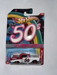 Hot Wheels 56 Chevy Bel Air White, Cars of The Decades 50s W/ Red Rims 1/64. Package is not mint! Please see photos...