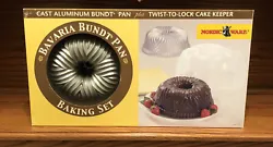 Nordic Ware Bavaria Bundt Pan Cast Aluminum + Twist-to-Lock Cake Keeper Set NEW. New in box.