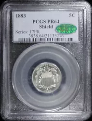 1883 PROOF SHIELD NICKEL, CERTIFIED BYPCGS/CAC AS PROOF, PR-64.