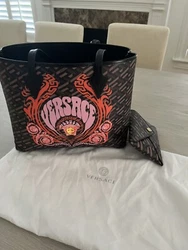 Versace La Greca Medusa Music Coated Canvas & Leather Tote Womens Brown Bag NWT.