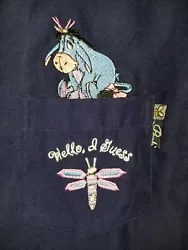 Disney Eeyore MEDIUM Hello I Guess Button Up Shirt Pocket Blue Womens Pooh FLAW. Good Used Condition,  but has...