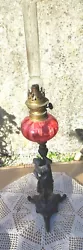 LAMPE a PETROLE ancienne XIXe pied Laiton réservoir VERRE Rose Cheminee Art Deco.