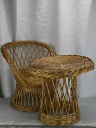 A childrens wicker armchair and table / stool from the 1960s. A lovely choice for a coastal interior. Table is 15