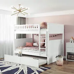 Full over Full Bunk Beds with Trundle, Pine Wood Full Size Bunk Beds with Ladder & High Length Guardrail,Detachable...