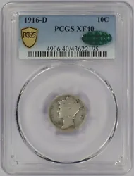 1916-D 10c Mercury Dime - PCGS XF 40 CAC. The coin shown is the exact one you will receive.