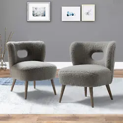 Modern Sherpa Accent Chair Set of 2 with Open Back & Wooden Legs, Upholstered Lamb Fleece Armless Slipper Chair, Comfy...