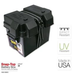 Product Details:The HM300BK Snap-Top Battery Box is a battery storage solution for sizes Group 24 Automotive, Marine...