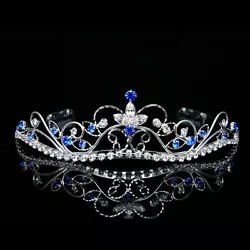 Rhinestone Crystal Flower Prom Bridal Wedding Crown Tiara - Royal / Dark Blue Crystals Silver Plating. Tiara with...