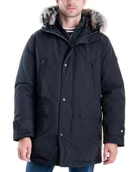 Stand collar with attached faux-fur trim hood; attached quilted bib. Shell: polyester/cotton; body, lining and...