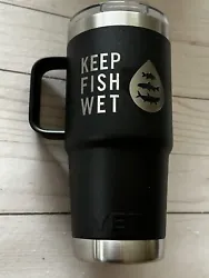 It has keep fish wet engraved into it, a removable top with sliding port for drinking.