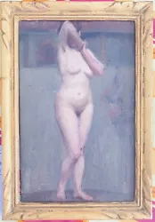 Tableau ancien / Portrait de nu sur panneau de bois. Cadre 19 x 28 cm.