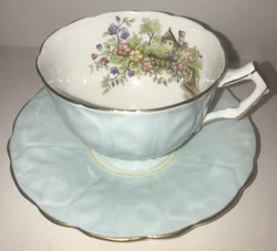 Aynsley Footed Tea Cup & Saucer w/ Castle & Floral Design Bone China England. Decorated inside cup with castle and...