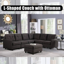 This couch is made from engineered wood and stands on black block legs. It’s upholstered in neutral-colored...