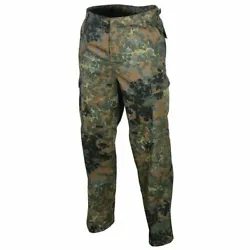 GERMAN MILITARY STYLE FLECKTARN CAMOUFLAGE BDU TACTICAL 6 POCKET CARGO FATIGUE PANTS. BUTTON FLY CLOSURE. ADJUSTABLE...