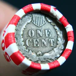 Reverse of an Indian Head Cent Showing on the End of a Full Lincoln Wheat Cent Shotgun Roll. Indian Cents were made...
