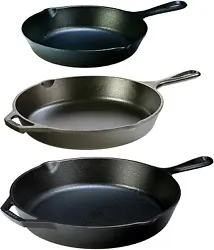 12” + 10.25” + 8” CAST IRON SKILLET BUNDLE. SEASONED & READY TO USE Lodge seasons all of their cookware with...