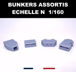 4 BUNKERS ASSORTIS échelle N 1/160 décors, dioramas - Neuf en résine à peindre. Profondeur 54mm. Largeur 33mm....