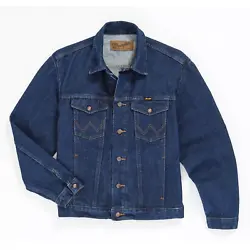 Dark wash cowyboy cut denim jacket. Spread collar. Unlined, 100% heavy cotton denim. 2 chest pockets with button flap...