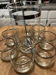 Crystal Cocktail Mixer w/Silver Stir/Measure Stick & 6 Silver Rimmed Glasses. Beautiful set!! Awesome addition to any...