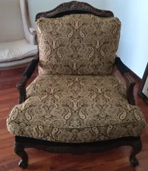 Vintage Bassett Furniture French Style Hand Carved Bergere Chair. Solid wood frame (mahogany or walnut) with gorgeous...