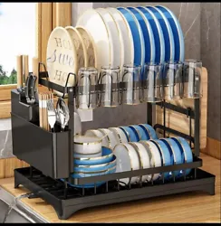 Extra Large 2 Tiers Dish Drying Rack Drainer Rack Kitchen Storage+Utensi. The rack includes a drainage tray and is...