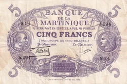 Billet Martinique 5 Francs - Cabasson - Violet - 1901 (1934) - Serial A.294 - P.6. country :Martinique. Valeur Faciale...