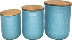 Kitchen Canisters - Blue Stoneware Canisters with Bamboo Lids, Set of 3 Storage Canister Container Set - Honeycomb...
