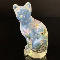 Fenton French Opalescent Clear Glass Cat Figurine Hand Painted Daisy Flowers. Hand Painted & Signed by K....