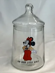 E1217. Vintage 1970s WALT DISNEY MINNIE MOUSE Apothecary Glass Canister Candy Jar. Great condition with no chips or...