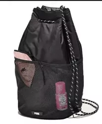 New! Victoria’s Secret PINK Active Black Drawstring Backpack With Mesh Pockets.