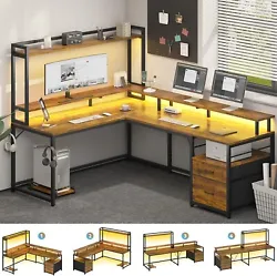 The decent layout L shaped computer desk have 2 large desktop, hutch, 2 drawers, monitor shelf, led lights, 2 headphone...